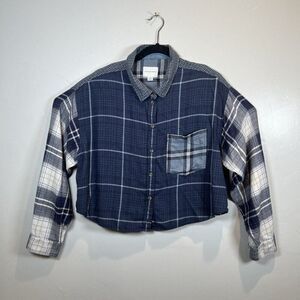 American Eagle Blue Plaid Long Sleeve Crop Shirt Size Large Style 3790